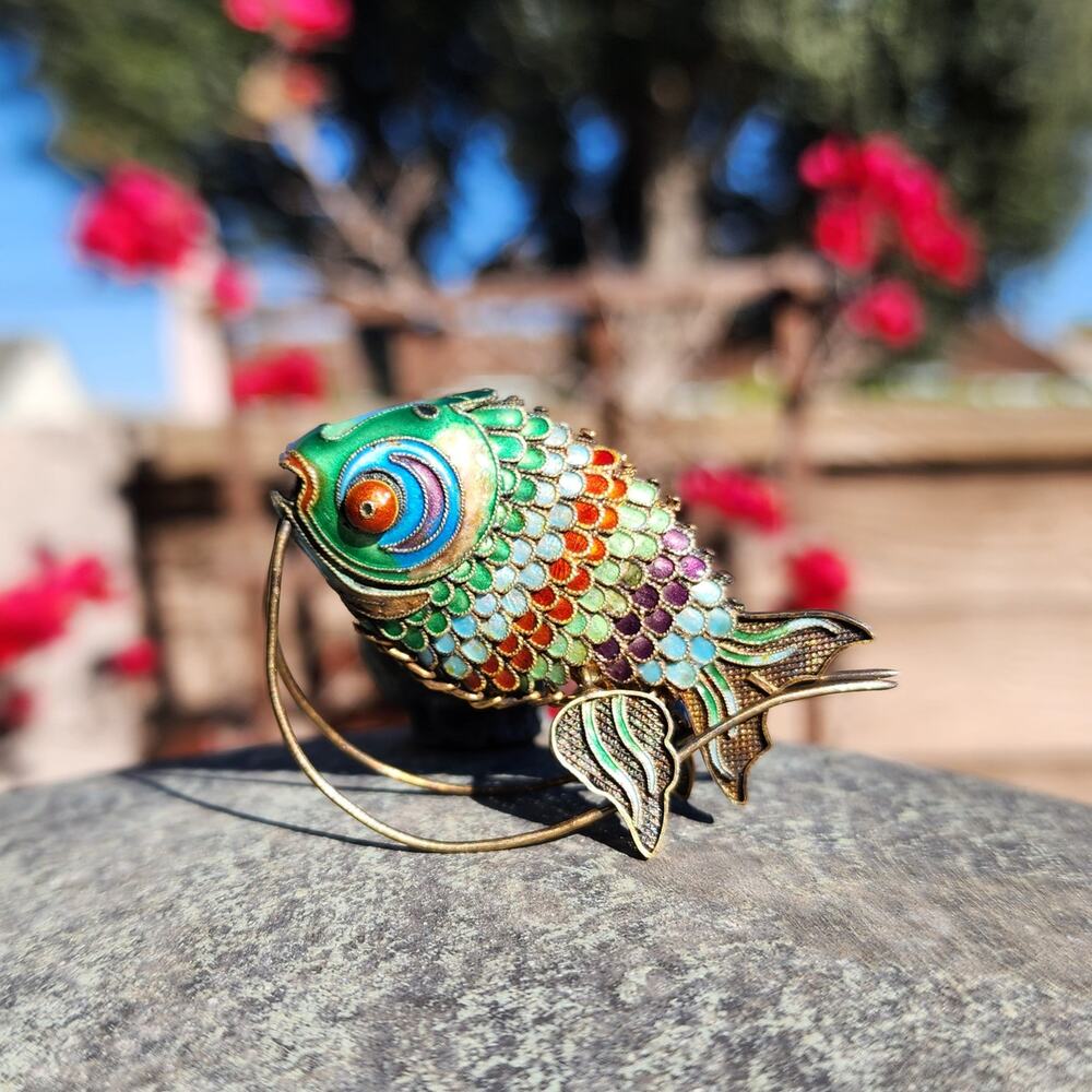 Vtg Old Chinese Export Fish Figurine Sterling Silver Gilt Cloisonne Articulated - Picture 16 of 16